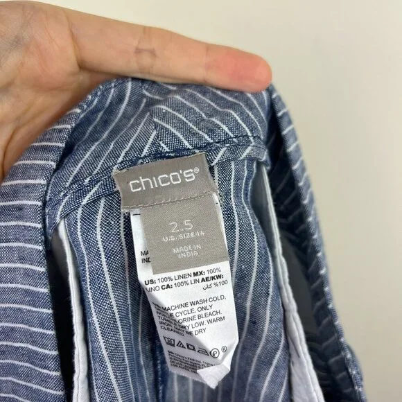 Chicos Blue White Striped Linen Straight Leg Cropped Pants - Picture 3 of 4